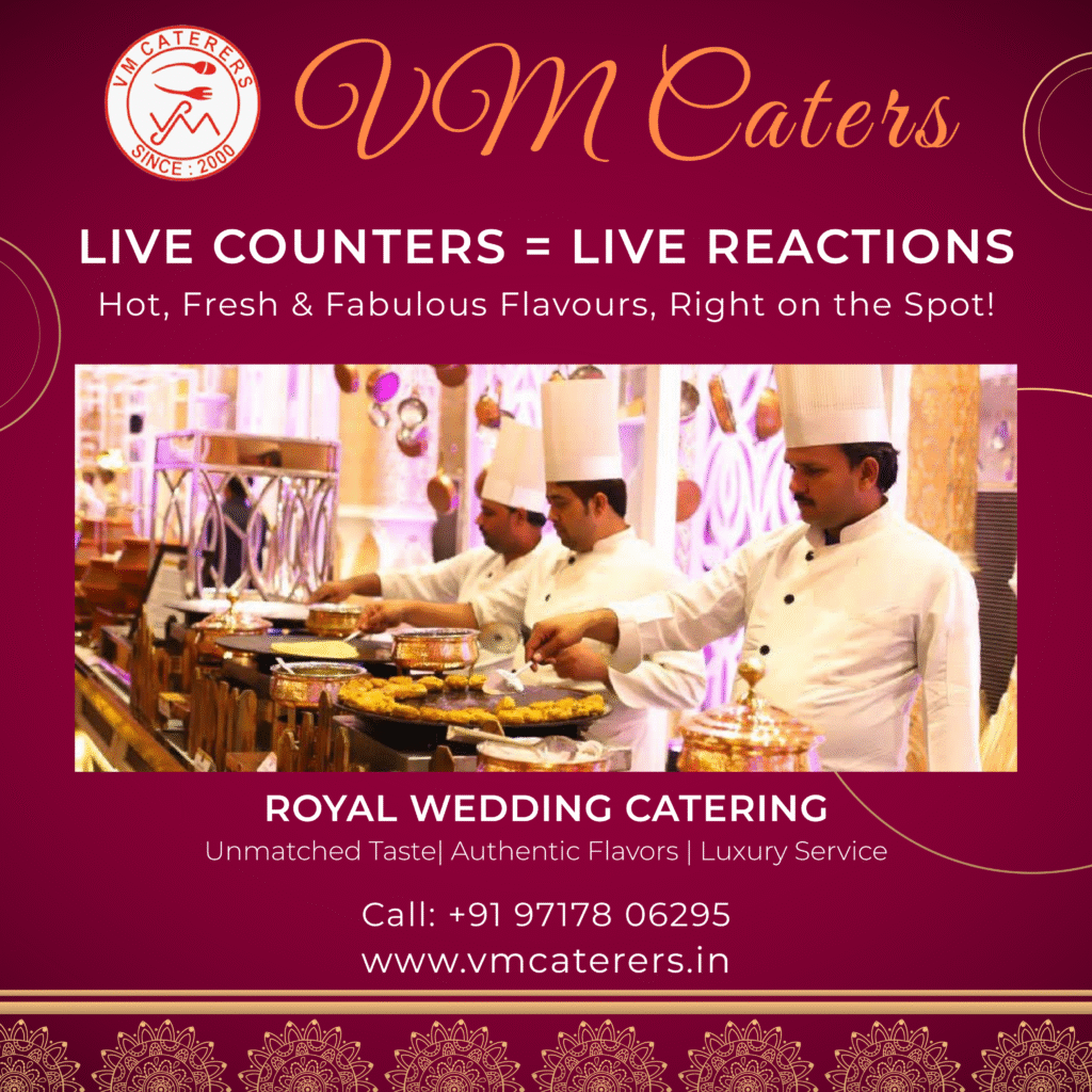 It’s designed to:

Attract attention with appetizing, high-quality food photography.

Build trust by showcasing the logo and professional branding.

Communicate the offer clearly — from boardrooms to banquets, VM Caterers covers all corporate needs.

Encourage bookings with a clear website link, phone number, and “Bookings Open!” call-to-action.